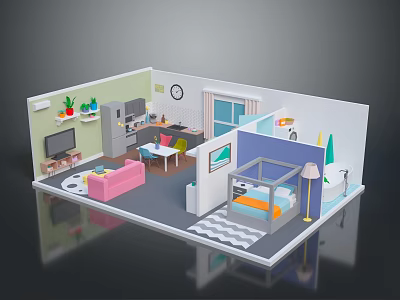 Modern 3D Room Interior Design With Living Room Bedroom Colorful Walls And Furniture 3d model