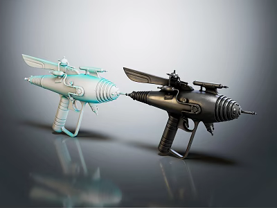 Futuristic Sci Fi Weapons With Light Blue Black Metallic Designs And Wing Shaped Features 3d model