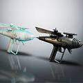 Futuristic Sci Fi Weapons With Light Blue Black Metallic Designs And Wing Shaped Features