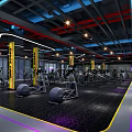 Modern Fitness Gym Interior With Wooden Floor Circular Ceiling Lights And Large Windows