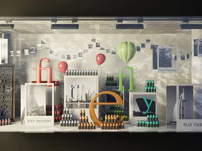 Shop Window Display With Colorful Balloons Letter Decorations Perfume Bottles And Eau de Parfum Labels 3d model