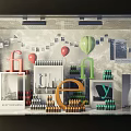 Shop Window Display With Colorful Balloons Letter Decorations Perfume Bottles And Eau de Parfum Labels