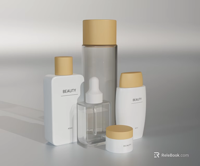 Modern Daily Cleaning Product Bottles With White Transparent Design And Golden Lids 3d model 