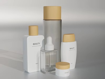 Modern Daily Cleaning Product Bottles With White Transparent Design And Golden Lids 3d model