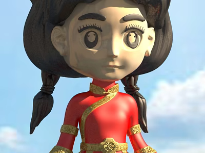 Cute Doll With Black Hair In Braids Red Outfit And Golden Decorations Against Blue Sky 3d model