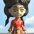 Cute Doll With Black Hair In Braids Red Outfit And Golden Decorations Against Blue Sky