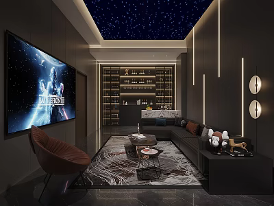 Home Theater Interior Design With Starry Sky Ceiling Large Screen Wine Cabinet Sofa And Rug 3d model