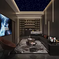 Home Theater Interior Design With Starry Sky Ceiling Large Screen Wine Cabinet Sofa And Rug
