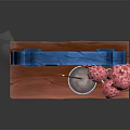 Decorative Blue Arched Structure With Fish Fin Decorations Pink Flowers Incense Burner On Wooden Base