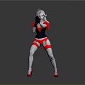 Woman in Black White Red Outfit Holding Weapon With Dynamic Strong Stance Against Gray Background