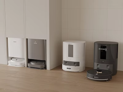 Modern Daily Appliances With Smart Trash Bins And Robot Vacuum Cleaners In Various Colors 3d model