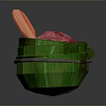 Colorful Pink Powder Food in Green Bucket with Orange Spoon