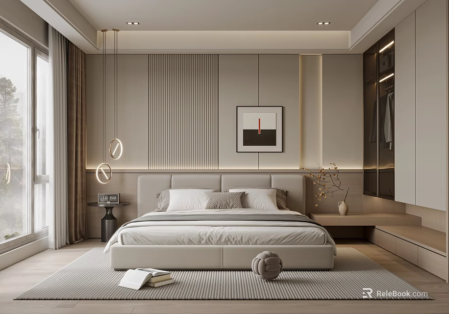 Modern Bedroom Interior Design With Textured Wall Hanging Lights Framed Art And Soft Rug 3d model 