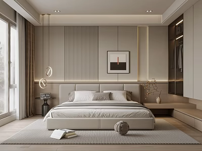 Modern Bedroom Interior Design With Textured Wall Hanging Lights Framed Art And Soft Rug 3d model