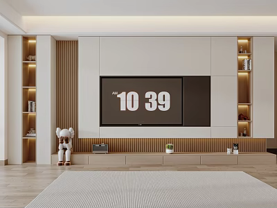 Modern TV Stand Design with Flat Screen TV Illuminated Shelves Decorative Items and Small Plant 3d model