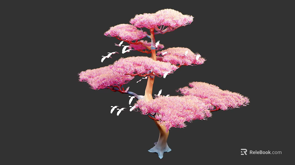 Artistic Pink Tree Featuring Fluffy Pink Foliage And Flying White Birds 3d model