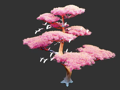 Artistic Pink Tree Featuring Fluffy Pink Foliage And Flying White Birds 3d model