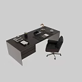Modern Dark Wooden Office Desk With Laptop Desk Lamp Coffee Cup Documents And Drawers