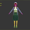 3D Female Character With White Headscarf Blue Cardigan Dark Blue Skirt Yellow Stockings Arms Outstretched