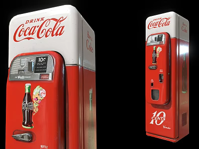Coca Cola Vintage Commercial Vending Machine Red Design With 10 Cent Price And Beverage 3d model