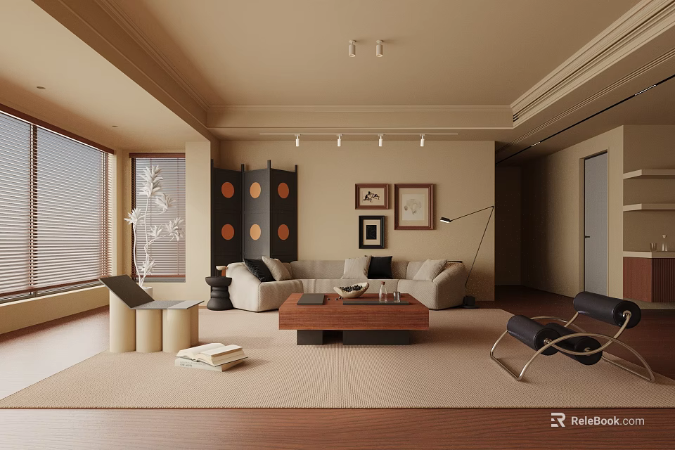 Modern Living Room Interior Design With Beige Sofa Wooden Coffee Table Blinds And Decorative Paintings 3d model 