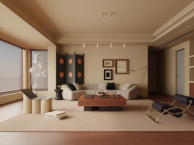 Modern Living Room Interior Design With Beige Sofa Wooden Coffee Table Blinds And Decorative Paintings 3d model