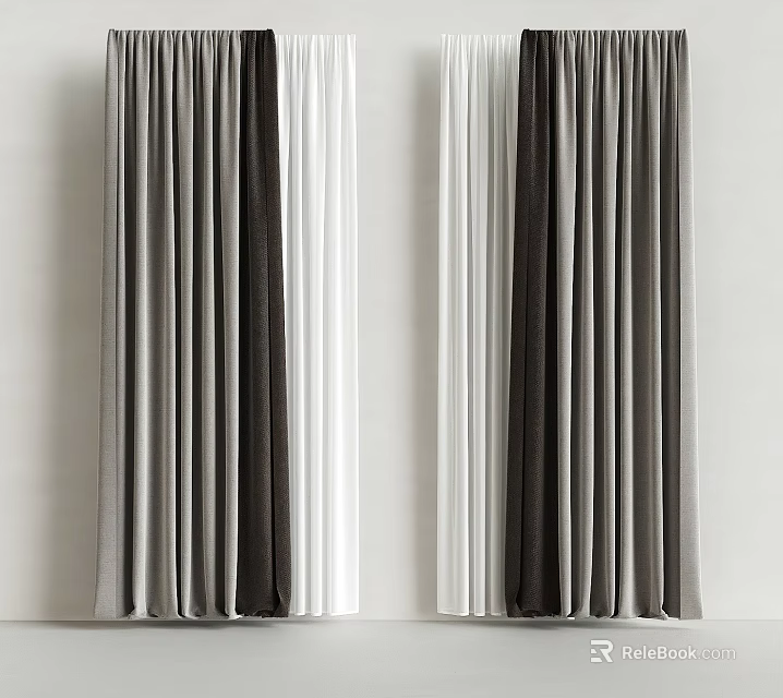 Elegant Modern Gray White And Dark Gray Curtains With Soft Drapes For Interior 3d model 