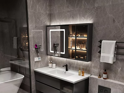 Modern Bathroom Vanity With Illuminated Mirror Cabinet Marble Wall Towel Rack And Toiletries 3d model