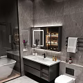Modern Bathroom Vanity With Illuminated Mirror Cabinet Marble Wall Towel Rack And Toiletries