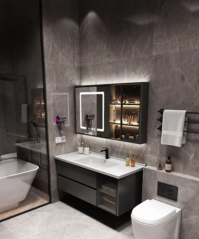 Modern Bathroom Vanity With Illuminated Mirror Cabinet Marble Wall Towel Rack And Toiletries 3d model