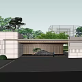 Modern Architectural Entrance Gate With Green Plants Stone Facade And Warm Lighting