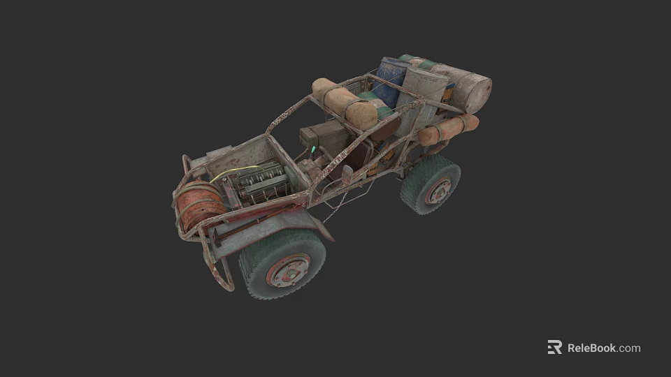 Vintage Modified Off Road Car With Metal Frame Spare Tires And Equipment 3d model 