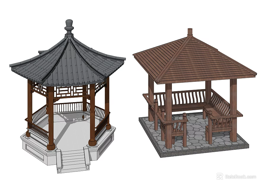 Traditional Chinese Pavilion Designs Featuring Wooden Structures Rooftop Seating And Railings 3d model 