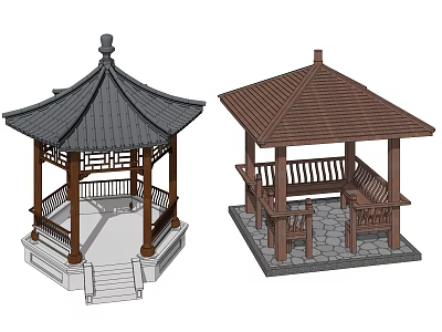 Traditional Chinese Pavilion Designs Featuring Wooden Structures Rooftop Seating And Railings 3d model