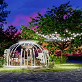 Park Landscape Featuring White Dome Structure With Bookshelves Books Green Trees And Decorative String Lights