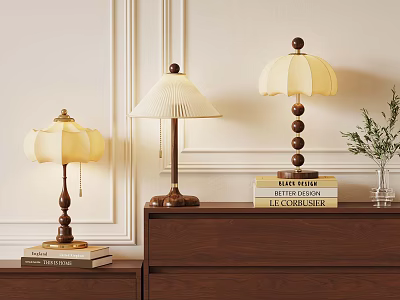 Stylish Table Lamps On Wooden Cabinet With Decorative Books And Green Plant 3d model