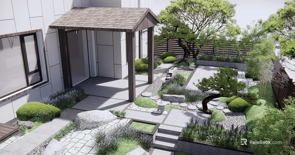 Modern Courtyard Garden With Wooden Pergola Stone Pathway Pruned Trees And Green Shrubs 3d model 