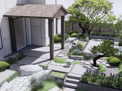 Modern Courtyard Garden With Wooden Pergola Stone Pathway Pruned Trees And Green Shrubs 3d model