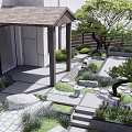 Modern Courtyard Garden With Wooden Pergola Stone Pathway Pruned Trees And Green Shrubs