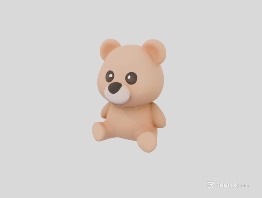 Cute Light Brown Sitting Bear Toy With Round Ears And Black Eyes 3d model 