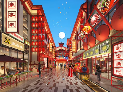 Traditional Chinese Commercial Street With Red Lanterns Night Scene Shops And Pedestrians 3d model