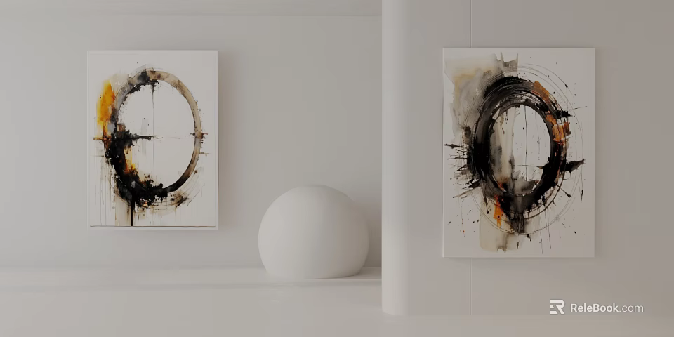 Two Abstract Paintings With Circular Patterns And White Sphere Decor In Modern Interior 3d model