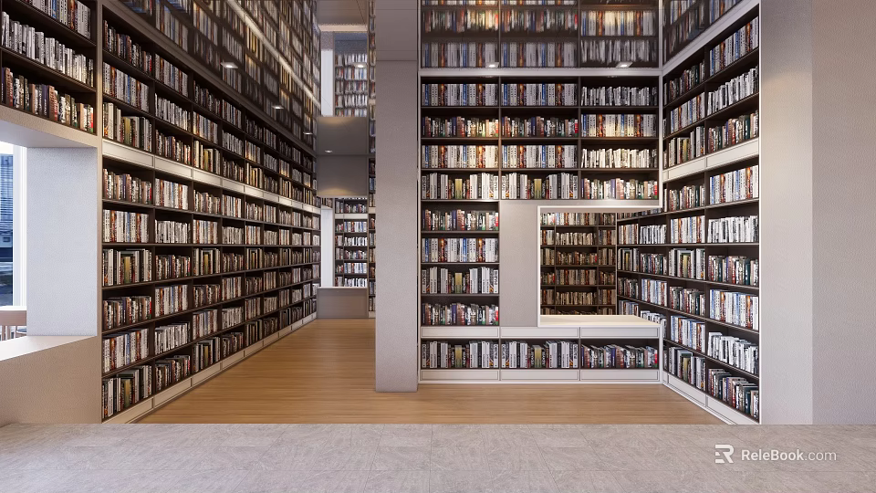 Spacious Modern Book Art Library Interior With Floor to Ceiling Bookshelves And Wooden Flooring 3d model 