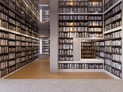 Spacious Modern Book Art Library Interior With Floor to Ceiling Bookshelves And Wooden Flooring 3d model