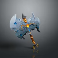 3D Model of Mythical Axe With Blue Gems Gray Metal And Wing Shaped Blades