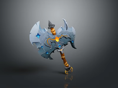 3D Model of Mythical Axe With Blue Gems Gray Metal And Wing Shaped Blades 3d model
