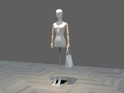 White Mannequin Standing on Wooden Floor with White Handbag against Grey Background 3d model