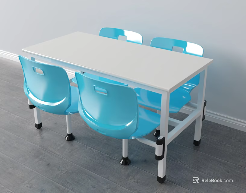 Rectangular White Dining Table With Four Blue Plastic Chairs And Metal Legs 3d model