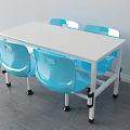 Rectangular White Dining Table With Four Blue Plastic Chairs And Metal Legs 3d model