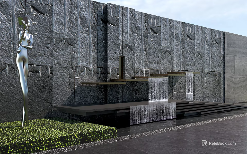 Stone Feature Wall With Waterfall Steps And Green Plants Design 3d model 